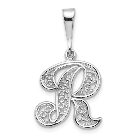 14k White Gold, Maci Collection, Filigree Script Initial R Pendant - Picture 1 of 4